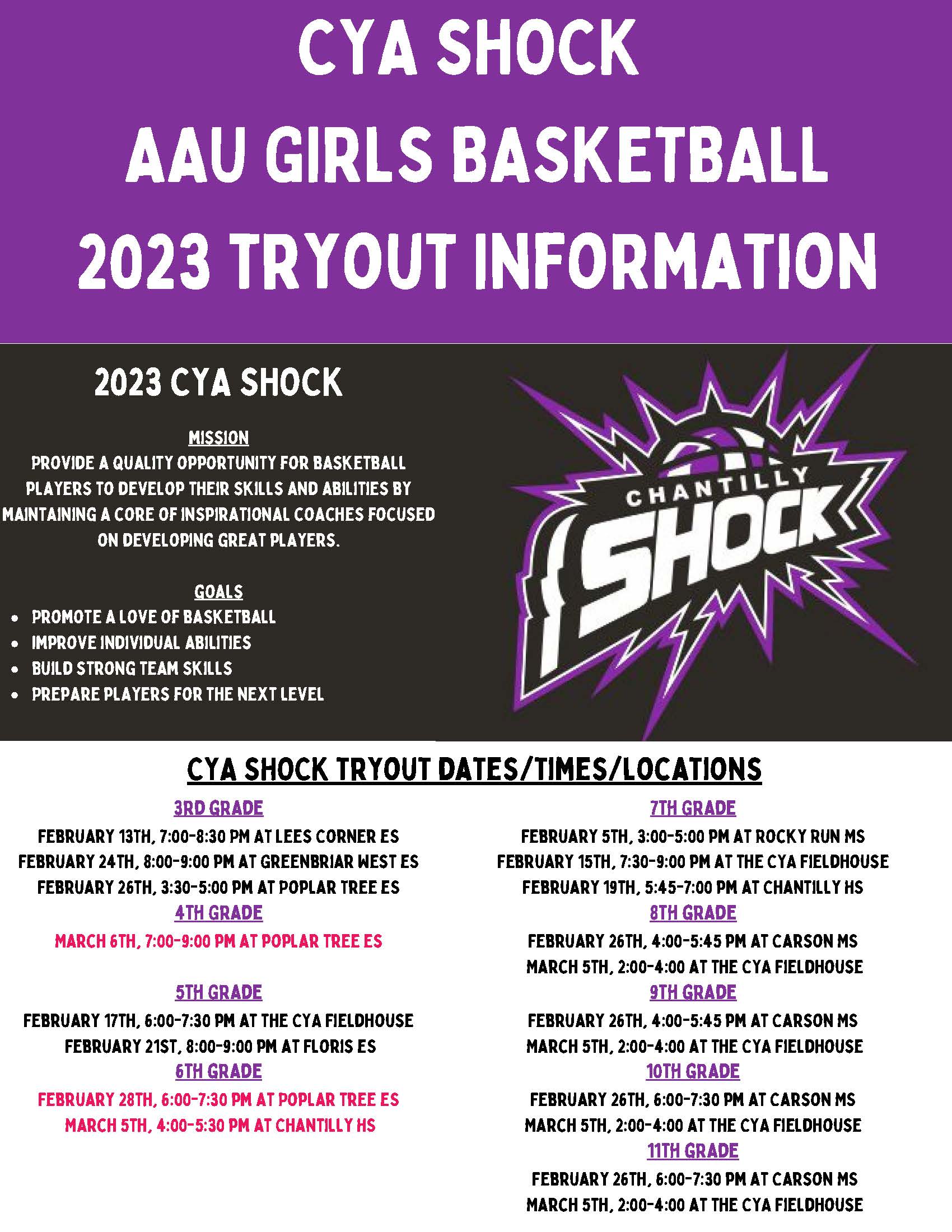 Spring 2023 - CYA Shock Girls AAU Basketball Tryout Schedule